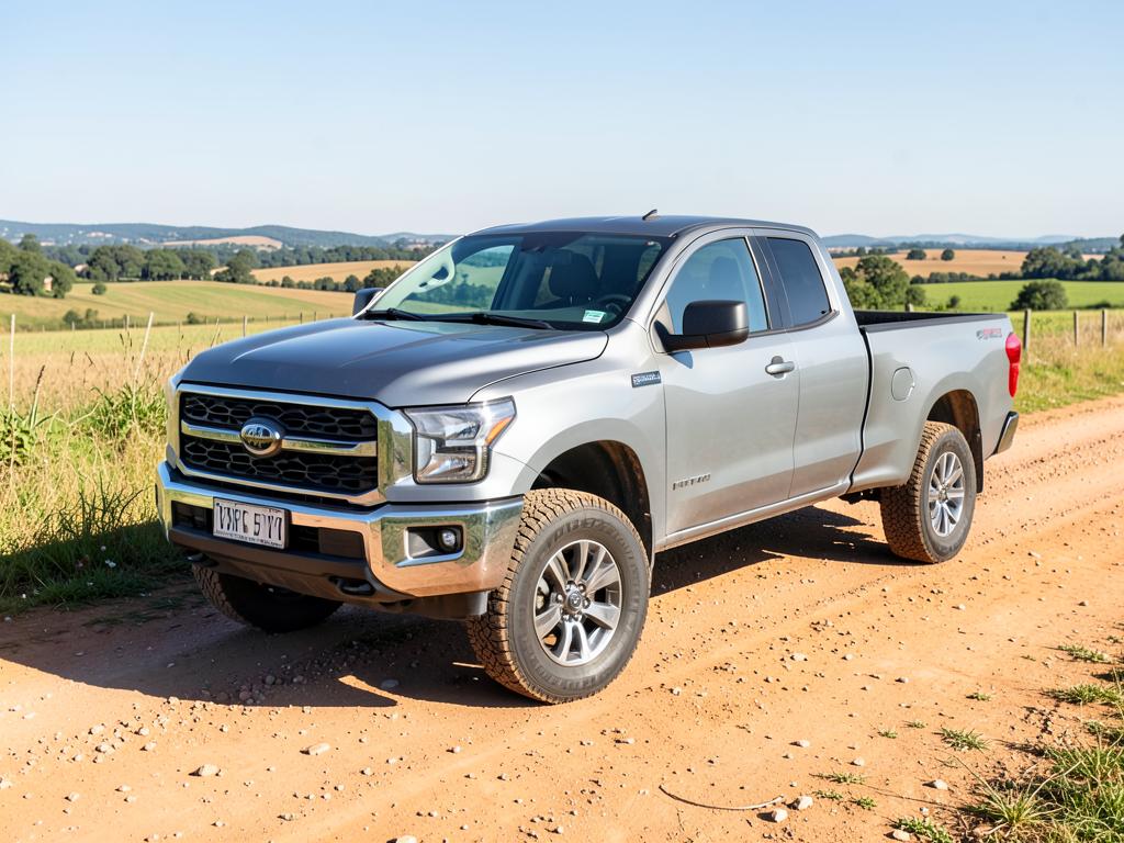Caminhonete pickup diesel prateada em estrada rural