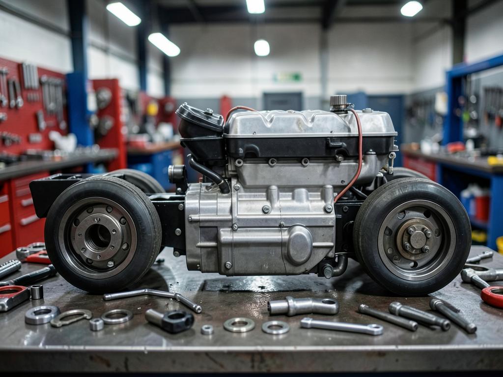 Motor diesel de caminhão em bancada de oficina
